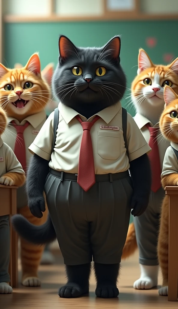 Make me a realistic photo of a fat black cat, with a human body, in school clothes, at school, with a happy facial expression, with other cats with human bodies and school clothes.