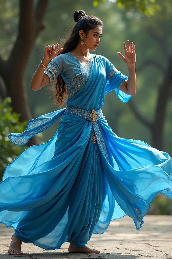 Woman in blue saree doing martial arts