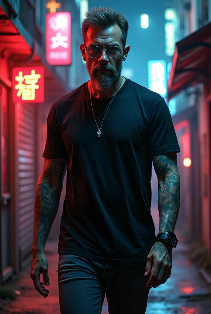 man with black t-shirt, tattoo's, whisker, round glasses with translucent lenses, walking towards the viewer, cyberpunk alley, shiny paper cut, mad-cybrpprct1, neon lights (work of art:1.2), best qualityer, (hyperdetailed, More Detailed:1.2), high resolution textures