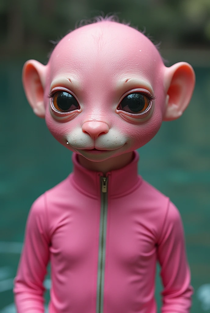 old scared vladimir putin-chipmonk hybryd mutant, in pink swimming suit