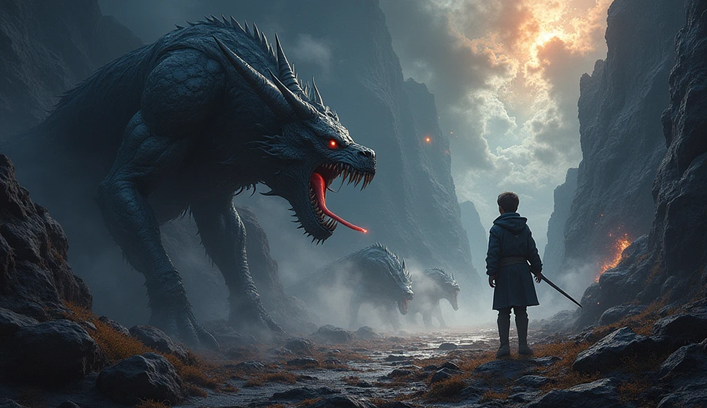 ((best quality)), ((masterpiece)), (detailed), A nice space photo, demons are hunting a boy. Theeihu is wrtten in the corner as a watermark.