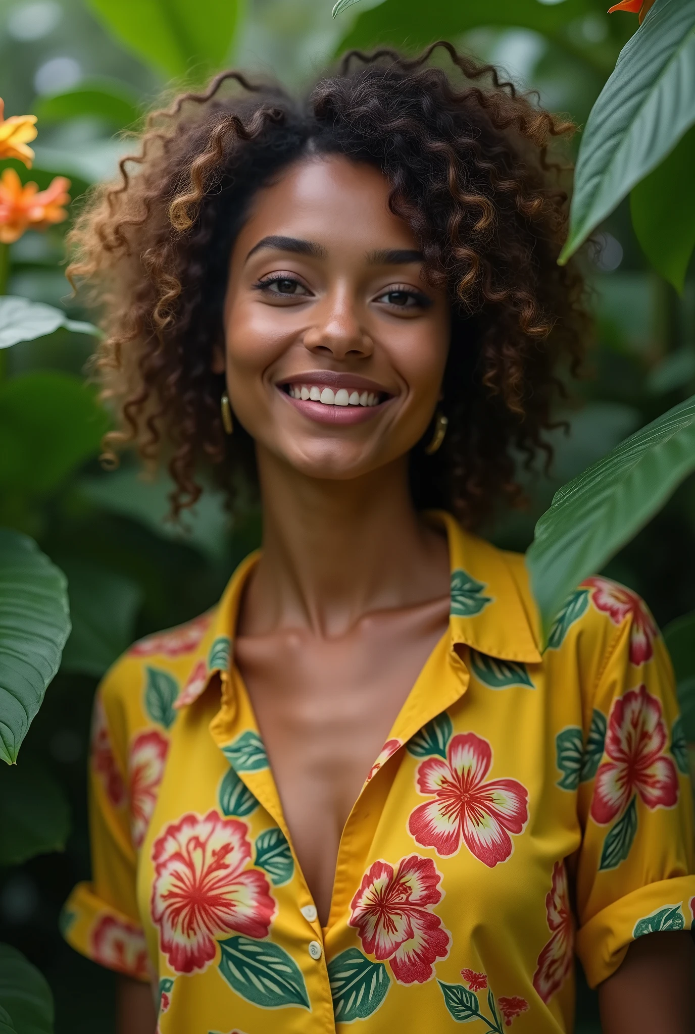 A Brazilian woman in a lush tropical garden, wearing an open shirt with a floral print, with a close-up capturing the harmonious beauty between her breasts and the natural flowers, showing off your natural charm and outgoing personality.