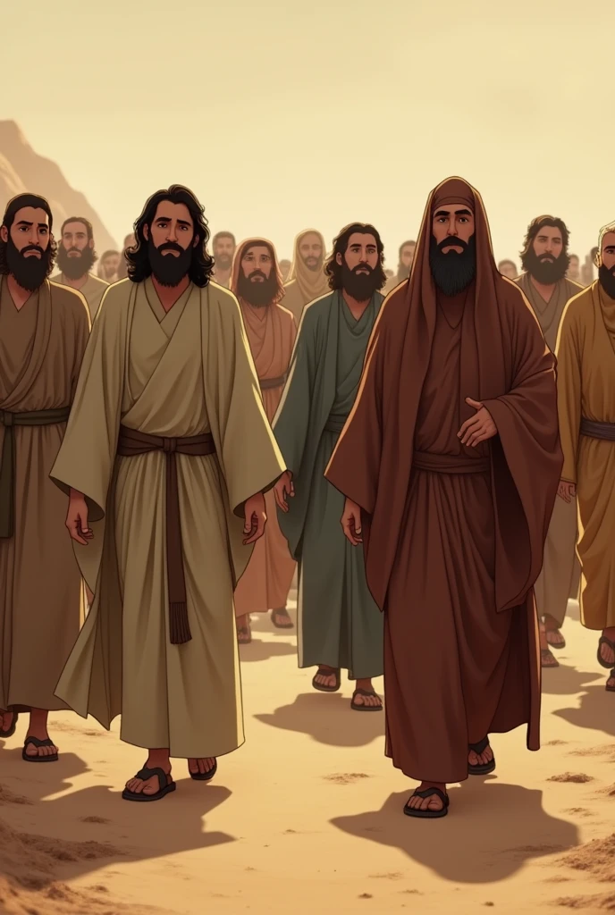 the people of Israel walking forward men and women with garments of different dull colors from the time of Jesus animated 