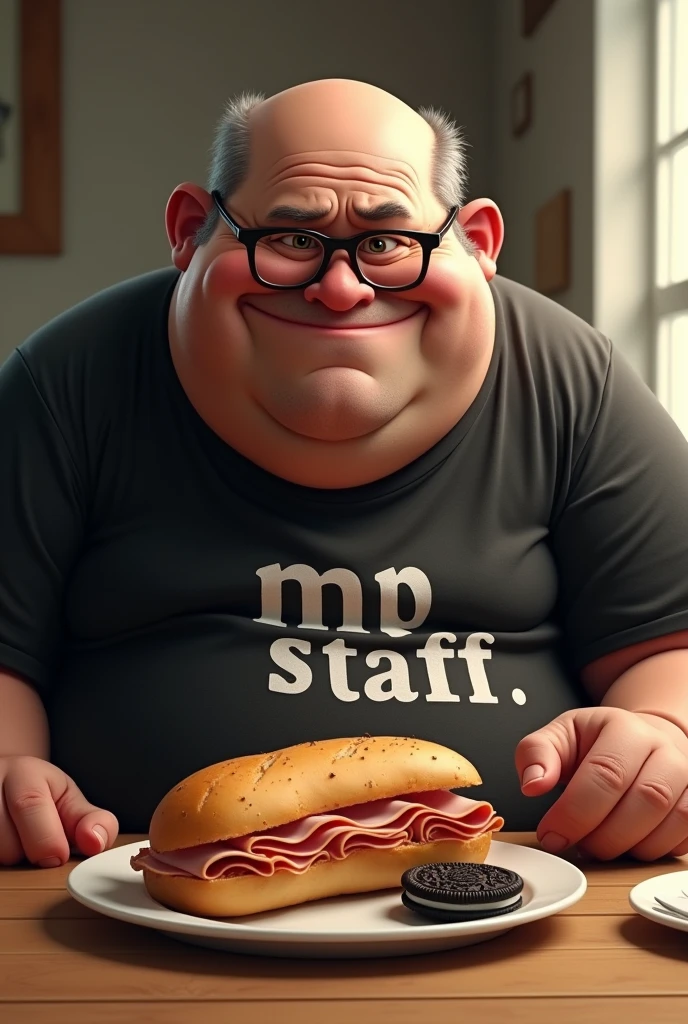 white male, baldie, fatter, cheeky, wrinkled face, Large belly, with glasses, eating baguette bread with ham, Oreo cookie on a table, wearing a black shirt with the word written on it "MP STAFF" In Portuguese.