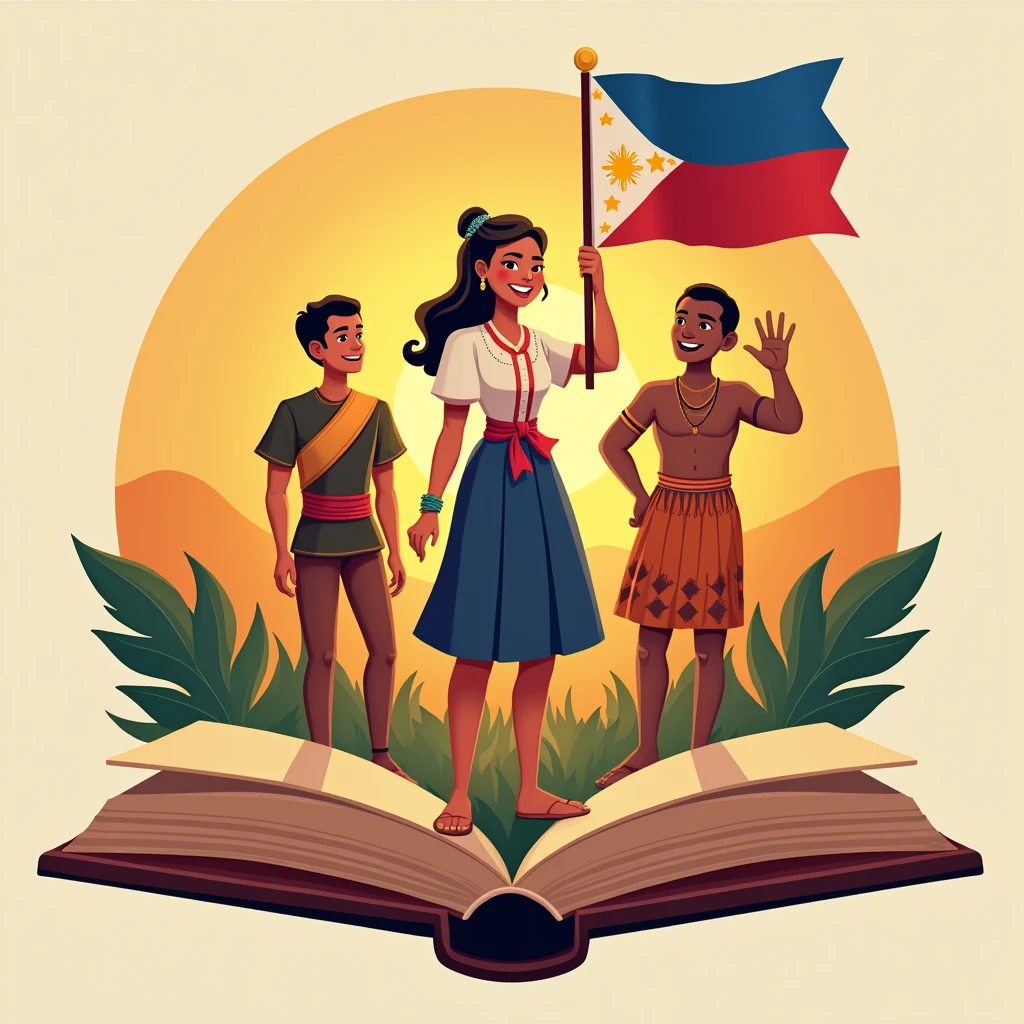 Create a traditional and modern logo for Buwan ng Wika (National Language Month) featuring three people smiling with bright teeth, brown skin tone, standing close together popping from a book in the BACKGROUND and wearing traditional Filipino attire. The central figure, a girl in a traditional Filipino dress consisting of a blouse (Baro) and a skirt (Saya), holds the Philippine flag. The two accompanying figures, one boy in a Barong Tagalog and the other one boy in tribal attire, overall 3. Use the colors of the Philippine flag and any other colors that represent the topic. The composition should be in a fish point of view. (warm tone) (golden hour) (close up)