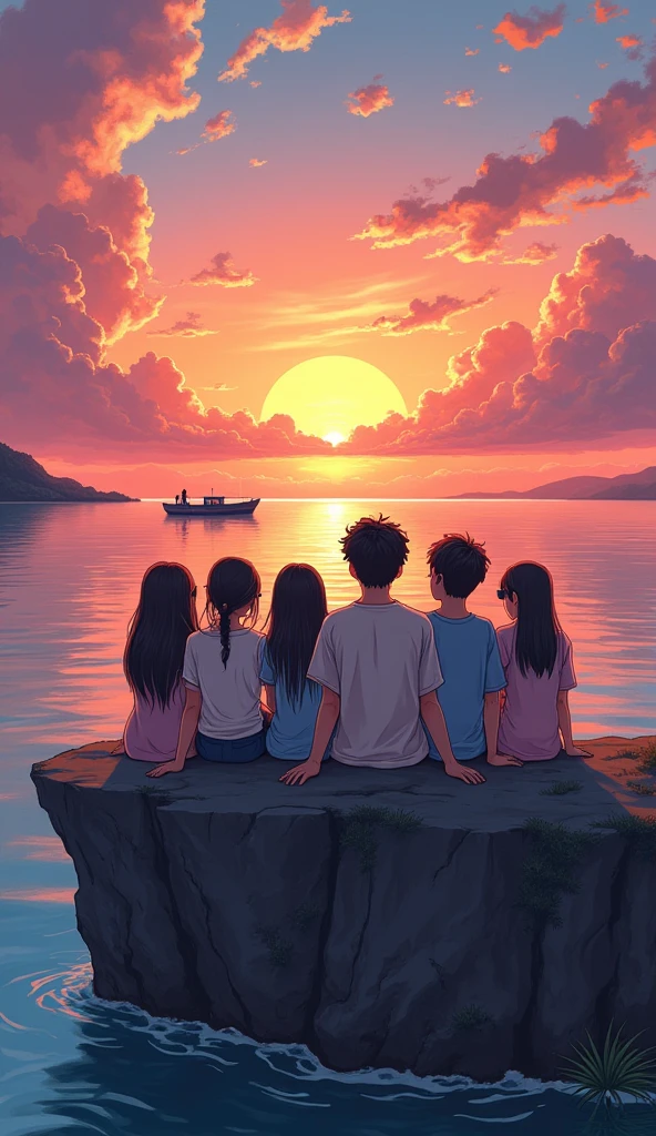 a teenage group of 5 friends(3 girls ,2 boys) sitting on a cliff with the boat on the water and laughing watching the sun set, watching the sun set. anime, beautiful anime scene, studio ghibli sunlight, anime beautiful peace scene, beautiful anime scenery, ( ( makoto shinkai ) ), makoto shinkai cyril rolando retro sunglasses, Hawaii, gta vice style , illustration , reteo comic illustration