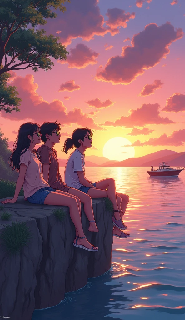a teenage group of 5 friends(3 girls ,2 boys) sitting on a cliff with the boat on the water and laughing watching the sun set, watching the sun set. anime, beautiful anime scene, studio ghibli sunlight, anime beautiful peace scene, beautiful anime scenery, ( ( makoto shinkai ) ), makoto shinkai cyril rolando retro sunglasses, Hawaii, gta vice style , illustration , reteo comic illustration