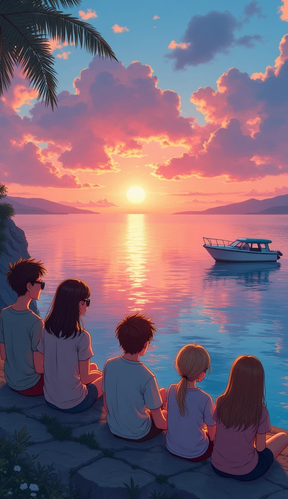 a age group of 5 friends(3 girls ,2 boys) sitting on a cliff with the boat on the water and laughing watching the sun set, watching the sun set. anime, beautiful anime scene, studio ghibli sunlight, anime beautiful peace scene, beautiful anime scenery, ( ( makoto shinkai ) ), makoto shinkai cyril rolando retro sunglasses, Hawaii, gta vice style , illustration , reteo comic illustration