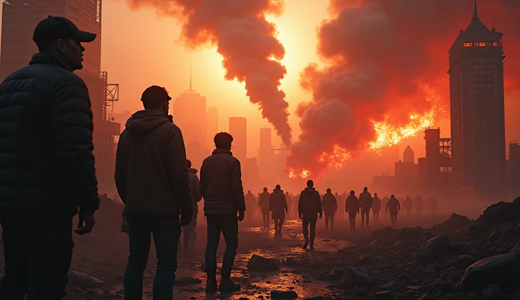 2024; (masterpiece, best quality) destroyed city (new York)scared people looking Down(close-up); bombs falling from the sky.; fire around.