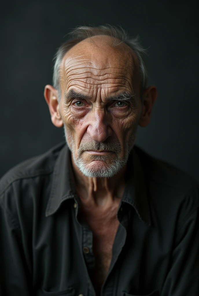a portrait of a melancholic skinny old man doing a grimace in front of a black card board, with strong facial expression, close-up, in the style of ethereal, ghostly figures, 1918–1939 (interwar), lens 70 mm, photo taken with provia, ballet academia, microfilm, polaroid colors