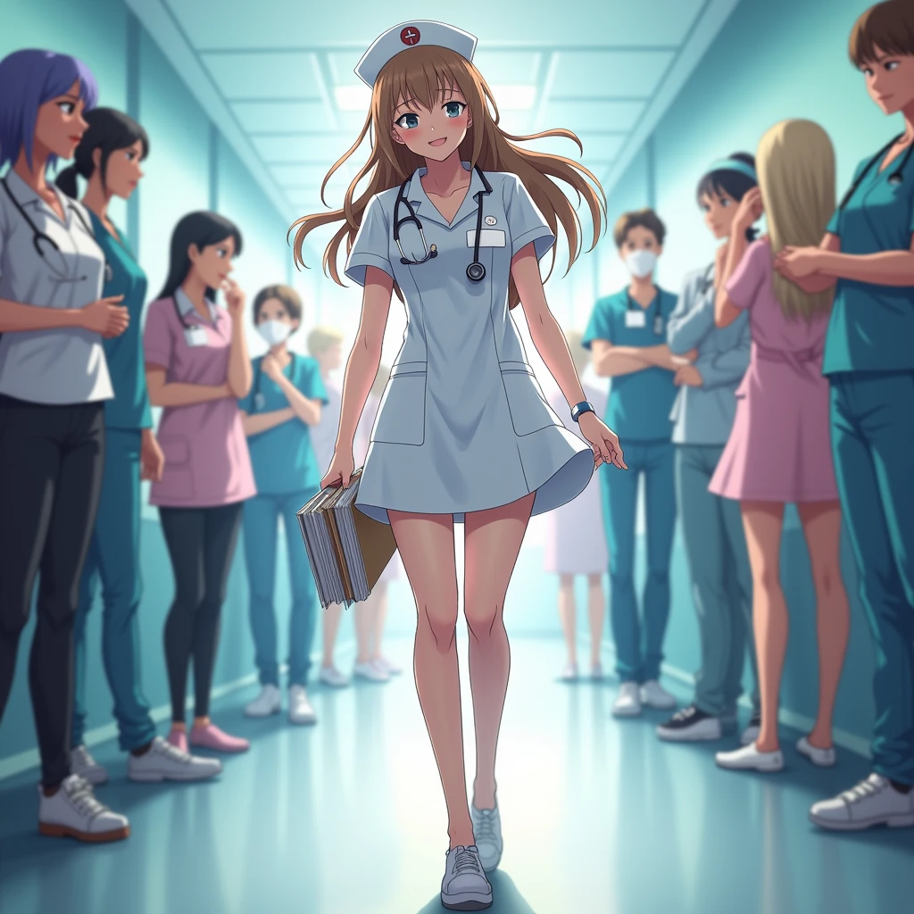 anime nurse from behind, form fitting nurse dress, looking to the front, carrying documents, wide pronounced hips, shaking hips, walking, inside hospital, people flustered by her hips.