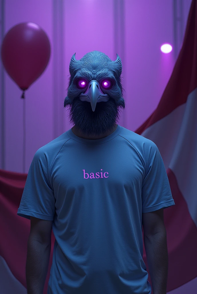 A man with eyes violet lights use eagle mask, wearing a light blue t-shirt that says BASIC and carrying a red and white flag, in the background stage with ballon violet.