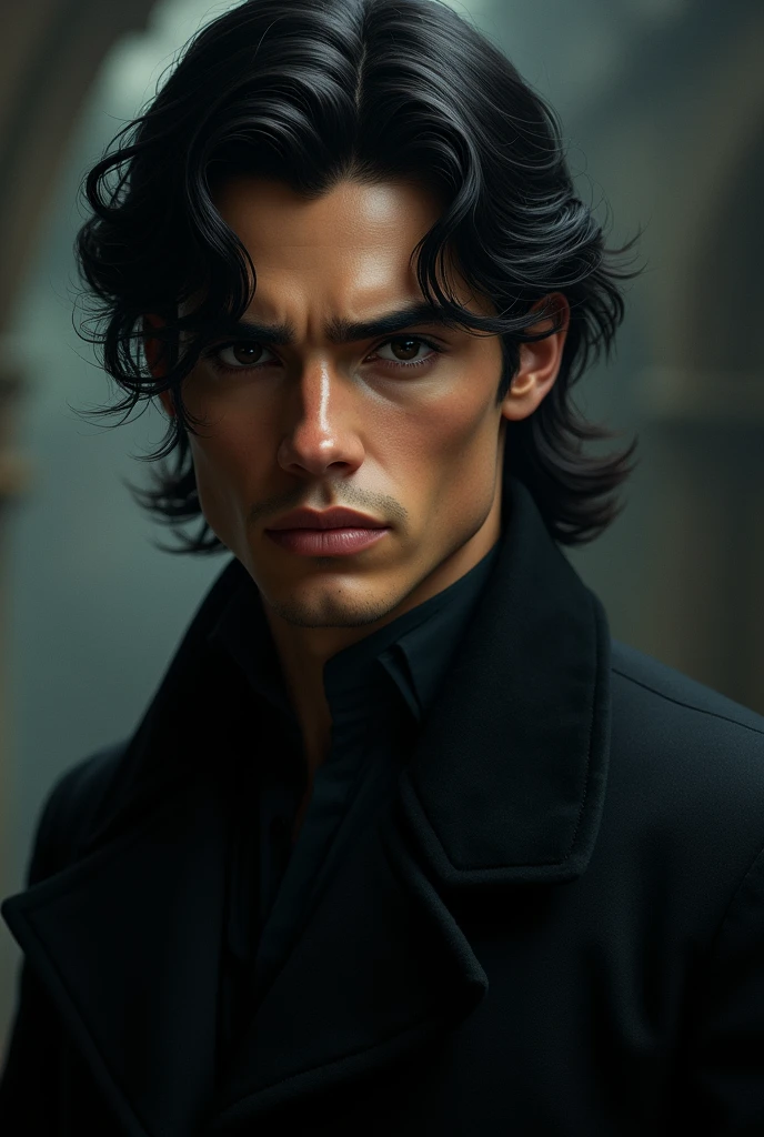 handsome prince, black wavy hair, black eyes, deep look, serious