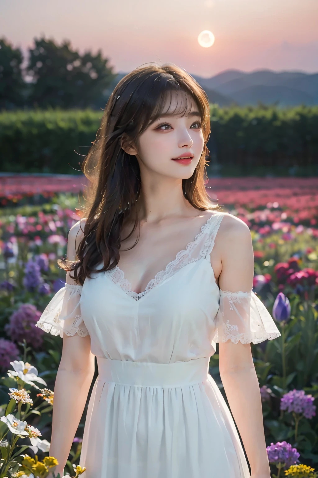 ((table top:1.4, best quality)), (realistic picture:1.4), 
((1 girl)), (pure actress), (dreamlike),
(超high resolution:1.2), Very delicate and beautiful, very cool, very detailed CG Unity 8K 배경화면, very detailed, high resolution, 
soft light, beautiful detailed girl, very detailed 눈과 얼굴, The nose detail is pretty., beautiful and delicate eyes, 
(Wear a bright white dress:1.3), 
movie lights, complete anatomy, slim body, (split bangs),
(Girl standing in a flower field on a plateau at night:1.3), (night view:1.3), (A flower garden illuminated by moonlight々:1.3), (outdoor), (Contrast between light and dark), (fantastic beauty),
cowboy shot, looking at viewer, (laugh)
