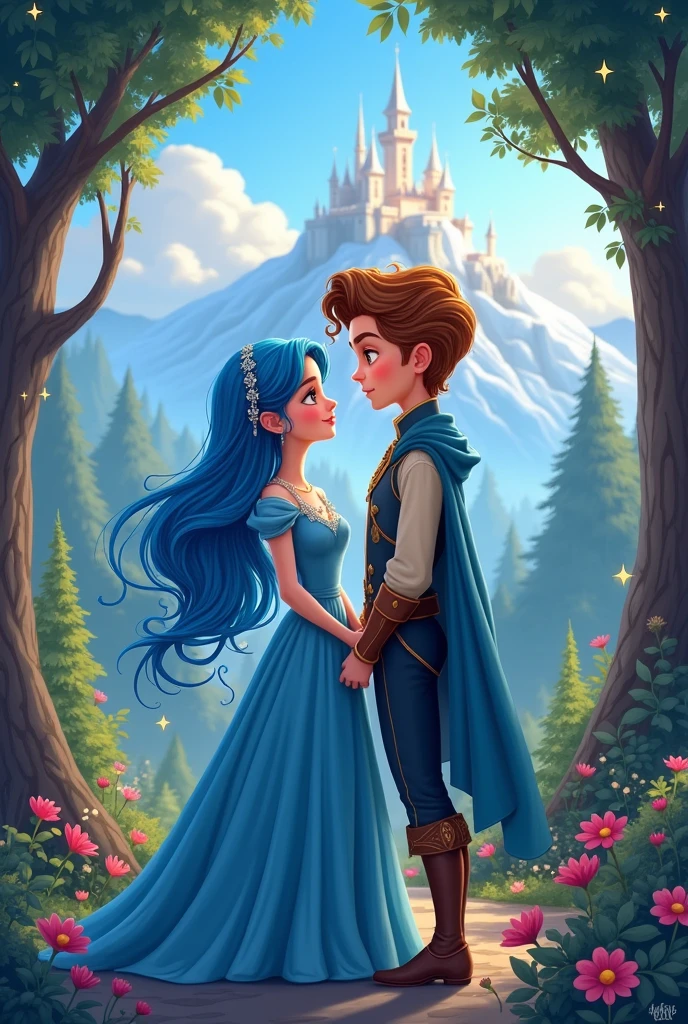 a princess with blue hair and a prince with brown hair cartoon
