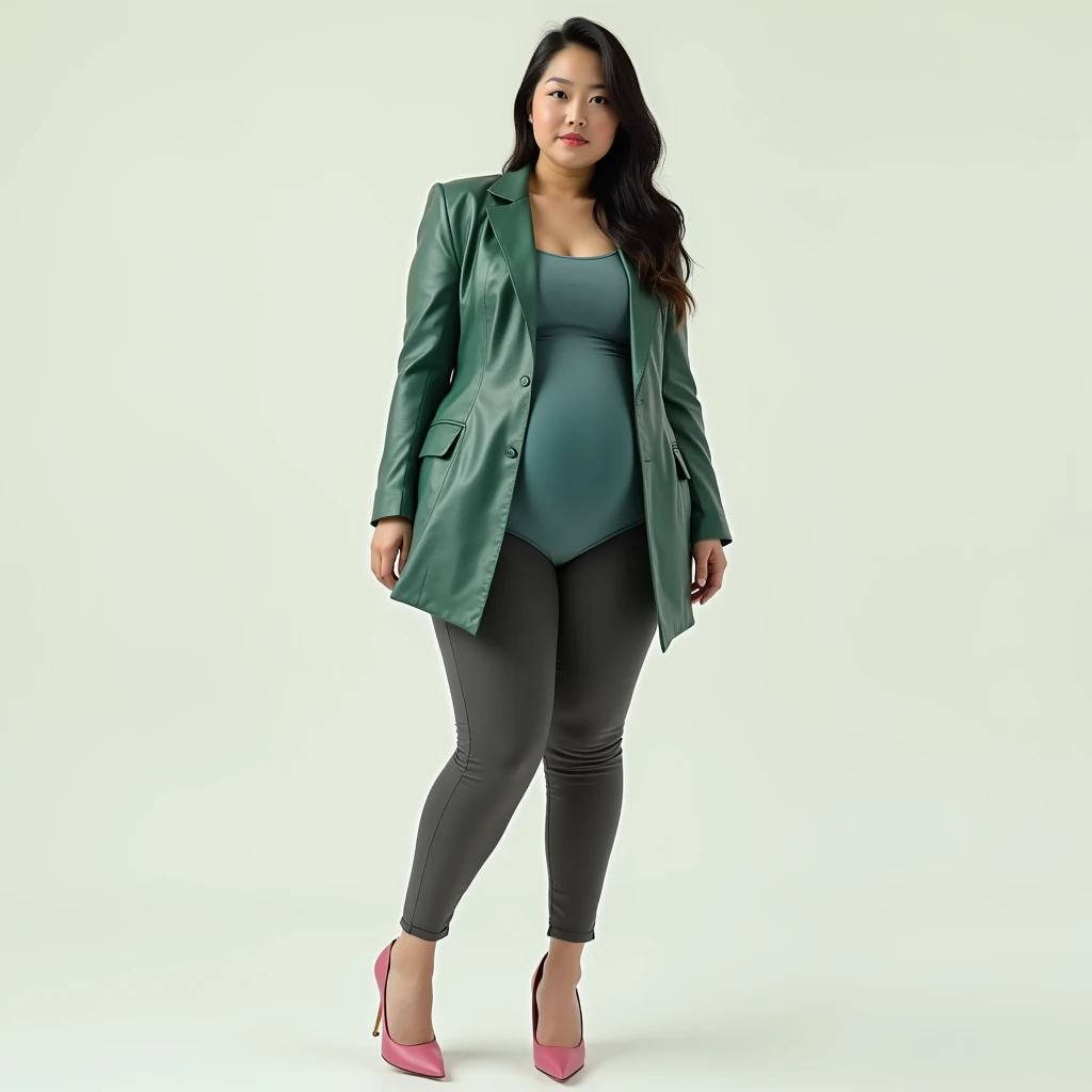 captured with a Sony α7 III camera, young Asia, an narrow waist, wide hips, and a full bust. The proportions are highly stylized, with a sharp contrast between the tiny waist and the expansive curves of the hips and chest, full body shot, fitted leather blazer Emerald green in color, bluish pink inner tee, Charcoal Grey Cigarette Pants, high heels Blush pink, standing straight, creamy white background.