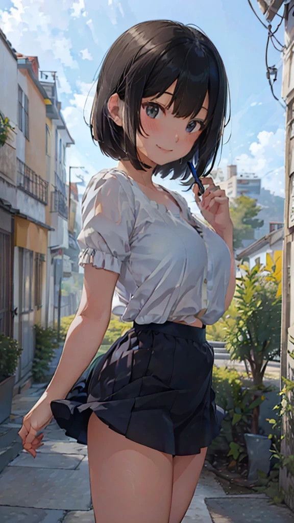 Black short bob、Cute Smile、Holding a glass of cola with ice、Big Breasts、Big Breastsを寄せて谷間を作る、Brasilia、、Cute white button-down blouse、The blue bra is see-through.、Light blue flared skirt、The skirt is blown up by the wind、Cute white underwear、Mountain top and the Milky Way Galaxy、barefoot