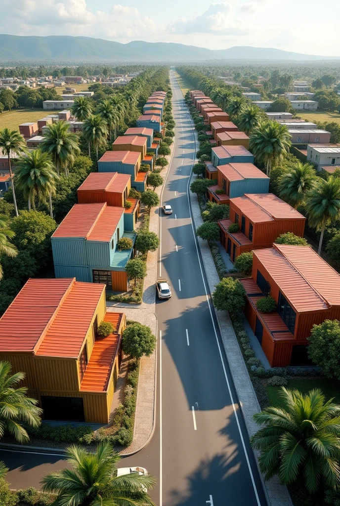 Container estate nice looking houses kind of small in uganda entebbe with a car road in the middle of the estate and different containers sizes ,colors with palm trees along the road and small middle big houses well designed cars parked along the road and the container should more for some houses the estate should be along side the entebbe express highway some should be put on others of 30houses but 90 containers having all the sizes of container 8k HD real life and the houses should have small compounds at least put the estate in uganda Kampala add wood and glass to the houses and add more roads that get to houses and don't put the houses along one road only add the road 🛣️ cars pass on