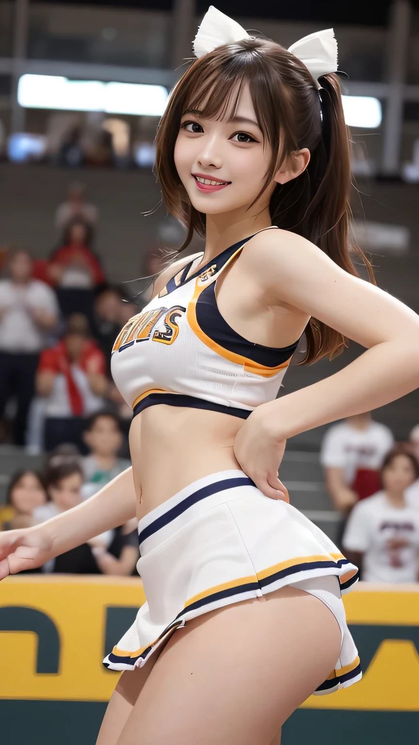 Tabletop, Highest quality, figure, Very detailed, In detail, High resolution, 8k wallpaper, Perfect dynamic composition, Beautiful attention to detail, (Cheerleader)、(mini skirt、Panties are visible 1.2),Medium Hair,  Natural color lip, Random sexy poses,smile,