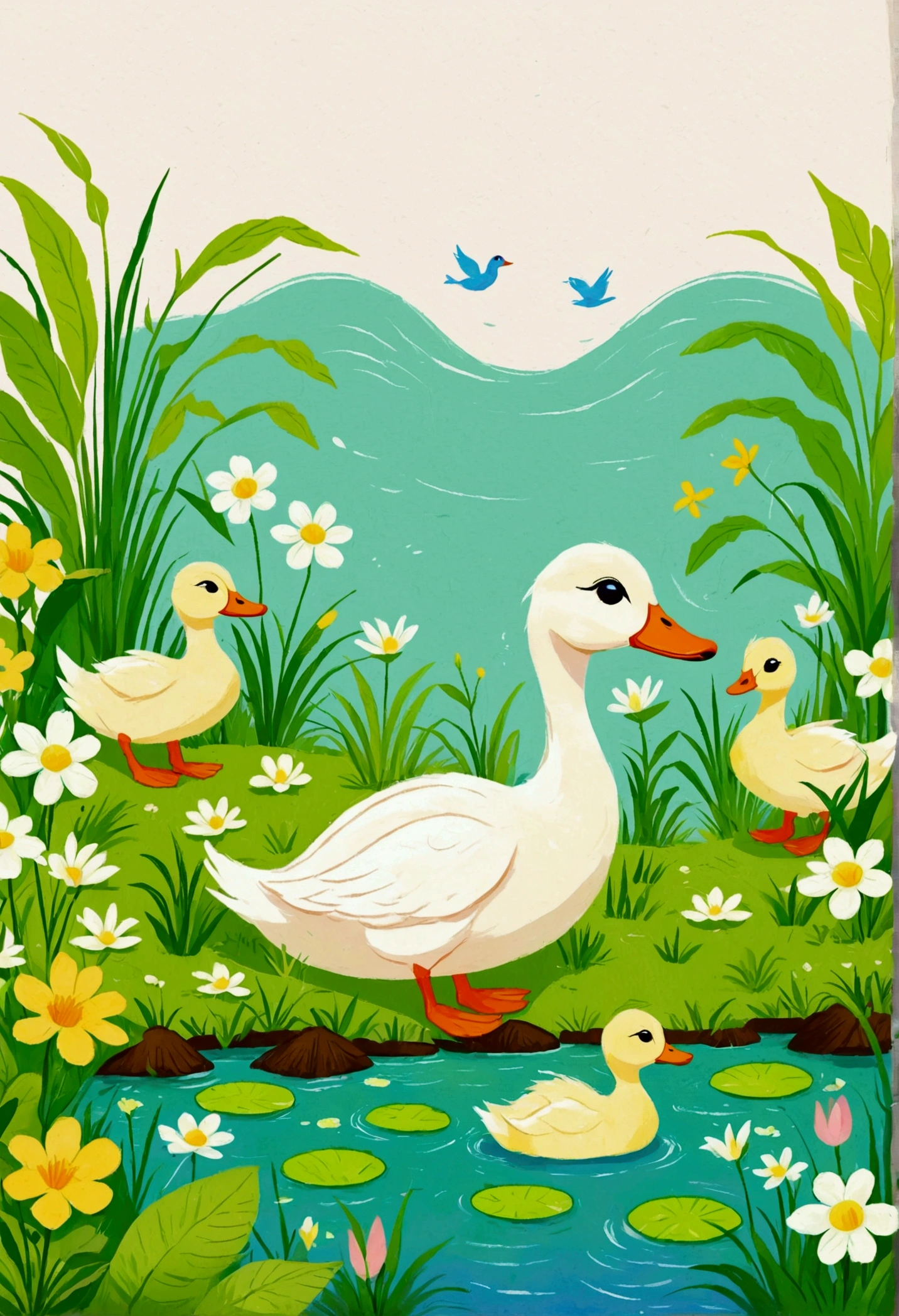 Illustration of a little duck with a green patch of grass and plants, Digital Art by Relja Penezic, shutter, Furry Art, ducks and plants, Swan Design, Illustration of a duckling, Drawn in a whimsical style,  Colorfull illustration, Cute illustrations, 