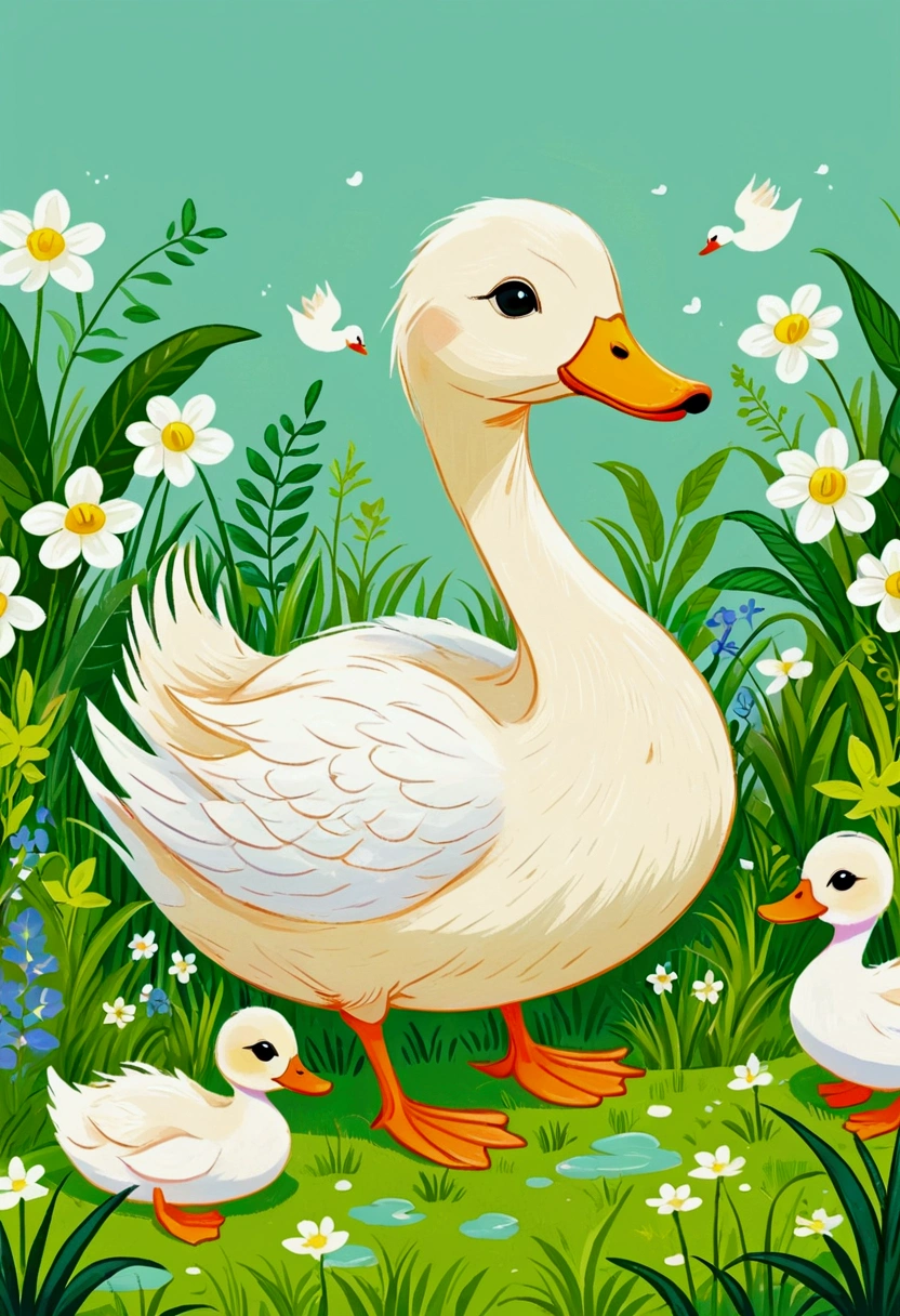 Illustration of a little duck with a green patch of grass and plants, Digital Art by Relja Penezic, shutter, Furry Art, ducks and plants, Swan Design, Illustration of a duckling, Drawn in a whimsical style,  Colorfull illustration, Cute illustrations, 