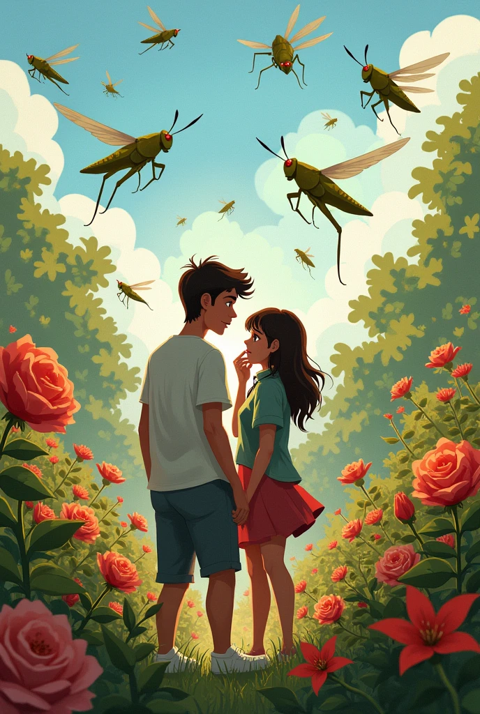 Generate image of a couple, scared of grasshoppers destroying the flowers in the garden.