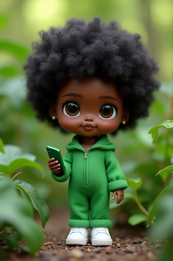 doll shape,darkskin, Black curly hair,eyes browns, green jumpsuit,White sneakers ,green phone, green scenery