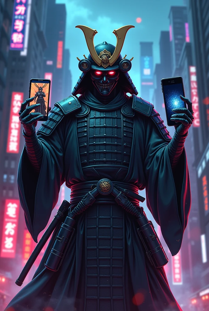 A samurai with several anime style phones, that has the name at the bottom of the image and says "Anteru Sama"