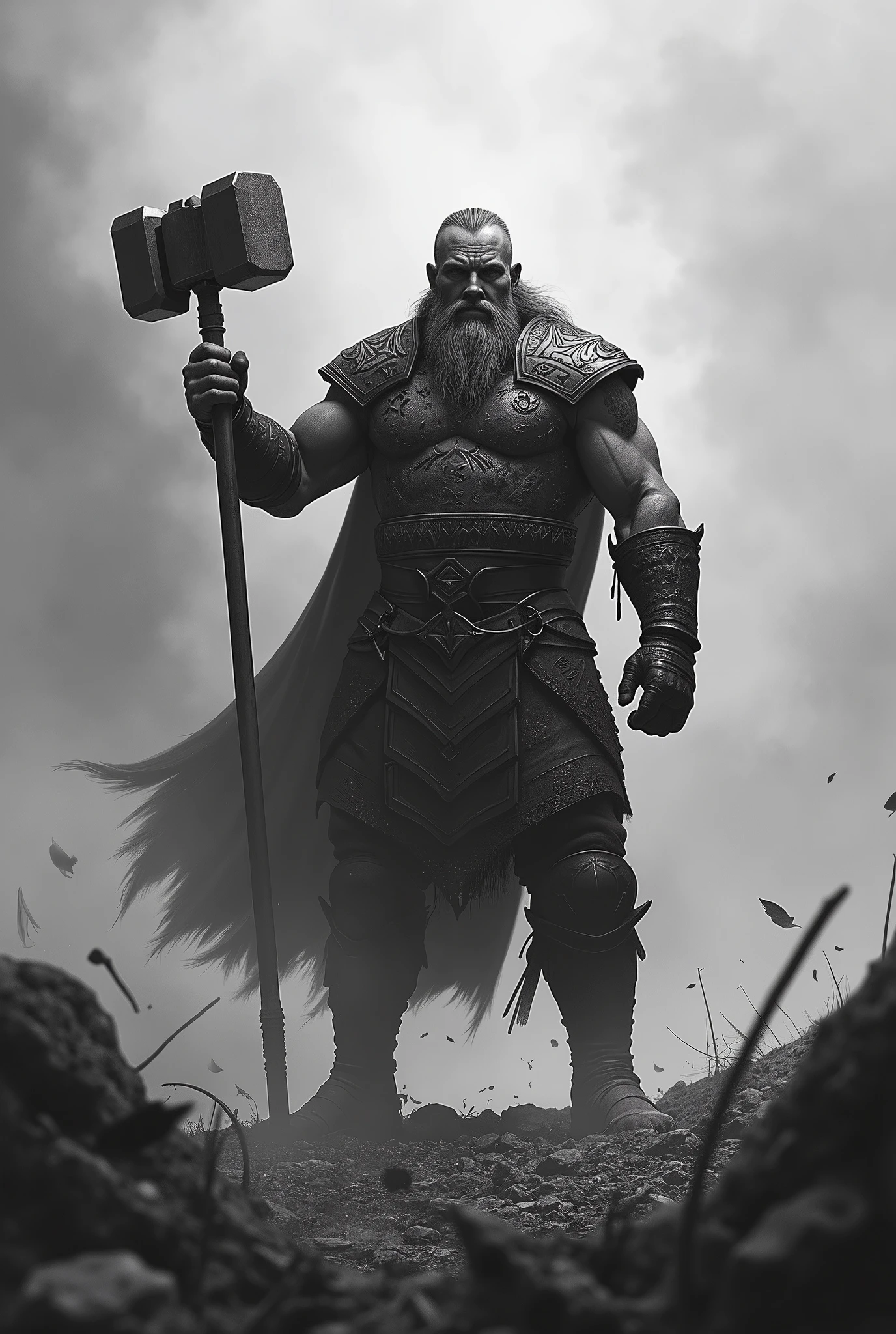 a nordic man who looks like a black and white warrior with a hammer in his hand raised on the battlefield