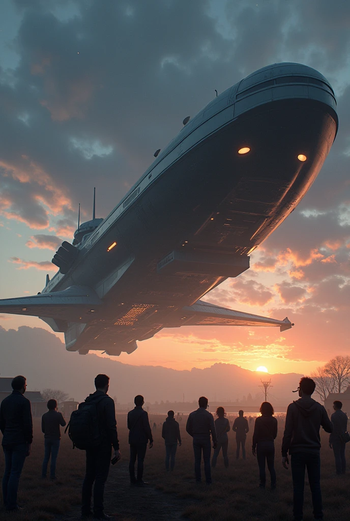 In a serene, twilight sky, a massive, hyper-realistic spaceship hovers silently above a small town. The ship is sleek and metallic, with intricate details like glowing thrusters and sharp, aerodynamic fins. Its surface reflects the fading light of the setting sun, casting long shadows over the landscape below. The ship's underside is lined with soft, pulsing lights that illuminate the clouds it partially obscures.

On the ground, a diverse group of people stands in awe, their faces lit by the ship's lights. Some hold up their phones to capture the moment, while others simply stare, mouths agape, unable to process the surreal sight. The setting is a quiet, rural area with open fields and a few scattered buildings. The contrast between the advanced technology of the spaceship and the simplicity of the surroundings enhances the sense of wonder and disbelief. The sky is a blend of deep oranges, purples, and blues, with stars beginning to twinkle as night falls, framing the spaceship as it hovers ominously and majestically above.