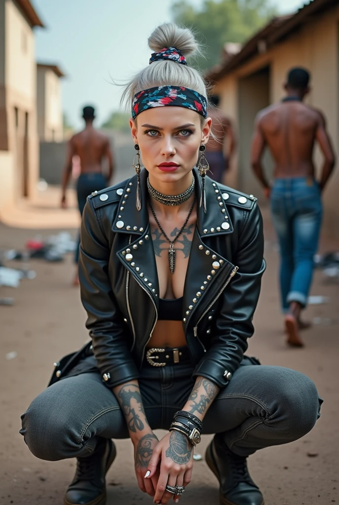 russian milf woman, grey hair (pouf, shaved sides and top bun and shaved sides) and wide colourful bandana as headband, with very light blue eyes, extremely pale. Wearing studded cropped black moto jacket with lots of zippers and pins, black push up bra with white seams , dark skinny blue jeans with holes in knees and dirty white tennis sneakers . Studded Choker. Lots of metallic bracelets and collars. Tacky wide studded leather belt with oversized skull and bones buckle. Long bohemian earrings with feather. Kneeling like in a payer, looking at the camera, humble facial expression. Hands on her knees, showing off bracelets and rings. studded black leather tote bag with chains on the floor, next to her.. Listening in amazement to somebody speaking to her, toned six pack abdominals, thin neck, slim legs and thin arms. Tattoed heavily. Dirt street in Kenian village full of waste. A lot of tanned shirtless men in jeans around looking at her. next to her, all her belongings scattered on the floor: makeup kit, little makeup mirror, studded black leather tote bag, lipstick, wallet, moble etc on the floor