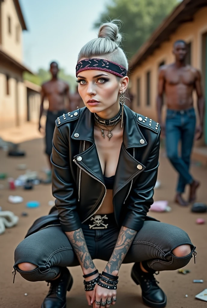 russian milf woman, grey hair (pouf, shaved sides and top bun and shaved sides) and wide colourful bandana as headband, with very light blue eyes, extremely pale. Wearing studded cropped black moto jacket with lots of zippers and pins, black push up bra with white seams , dark skinny blue jeans with holes in knees and dirty white tennis sneakers . Studded Choker. Lots of metallic bracelets and collars. Tacky wide studded leather belt with oversized skull and bones buckle. Long bohemian earrings with feather. Kneeling like in a payer, looking at the camera, humble facial expression. Hands on her knees, showing off bracelets and rings. studded black leather tote bag with chains on the floor, next to her.. Listening in amazement to somebody speaking to her, toned six pack abdominals, thin neck, slim legs and thin arms. Tattoed heavily. Dirt street in Kenian village full of waste. A lot of tanned shirtless men in jeans around looking at her. next to her, all her belongings scattered on the floor: makeup kit, little makeup mirror, studded black leather tote bag, lipstick, wallet, moble etc on the floor