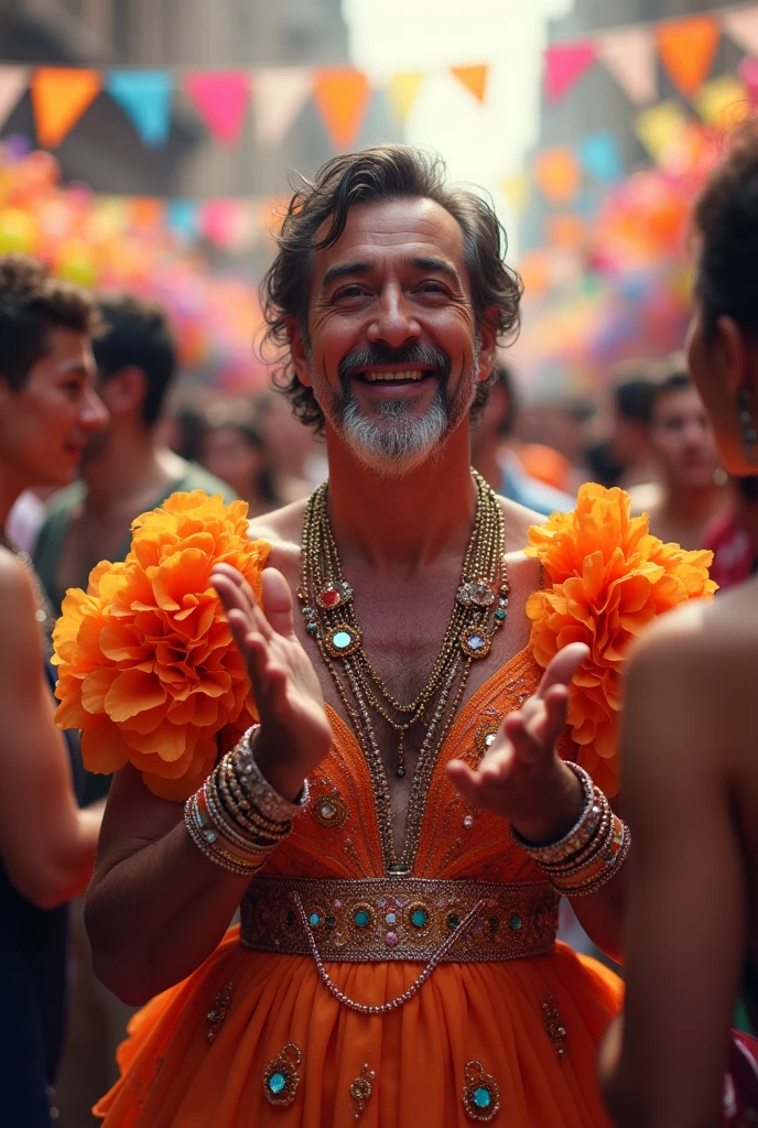 Man dressed as a woman saying happy birthday Santiago