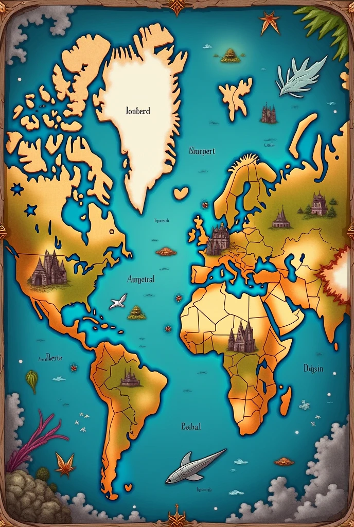 Make an artistic map, following characteristics of cartography maps, mss trying to capture more medieval and fantastic details, how to add creature to map ( these creatures must follow the traces of a map. a map CARTOGRAPHER. Por favor, do cartographer style, map itself, with 2 continents, the ocean, no details . You can redo it with a more lively style, something anime, change to a cartoon stole ( Graphical simplification. Elements are reduced to basic shapes and clean lines, using simplified geometry to build characters and objects. This approach not only facilitates visual understanding, but it also allows the artist to emphasize specific traits through exaggeration and caricature.) add small names to cities