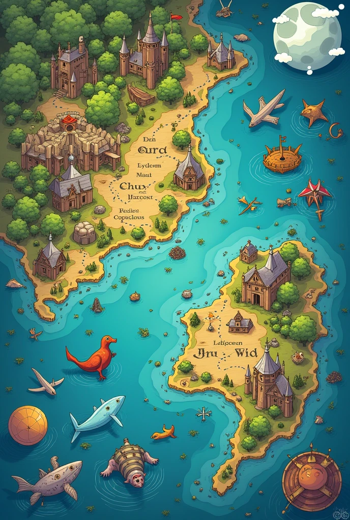 Make an artistic map, following characteristics of cartography maps, mss trying to capture more medieval and fantastic details, how to add creature to map ( these creatures must follow the traces of a map. a map CARTOGRAPHER. Por favor, do cartographer style, map itself, with 2 continents, the ocean, no details . You can redo it with a more lively style, something anime, change to a cartoon stole ( Graphical simplification. Elements are reduced to basic shapes and clean lines, using simplified geometry to build characters and objects. This approach not only facilitates visual understanding, but it also allows the artist to emphasize specific traits through exaggeration and caricature.) add small names to cities