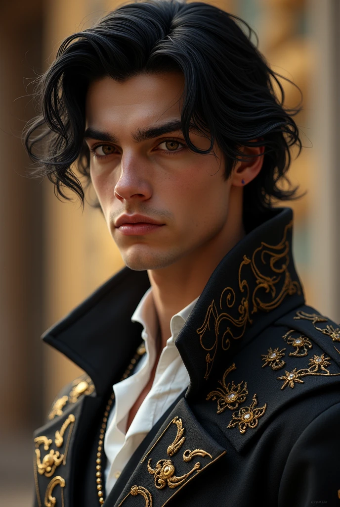 Handsome young prince, black wavy hair, black eyes, deep look, serious