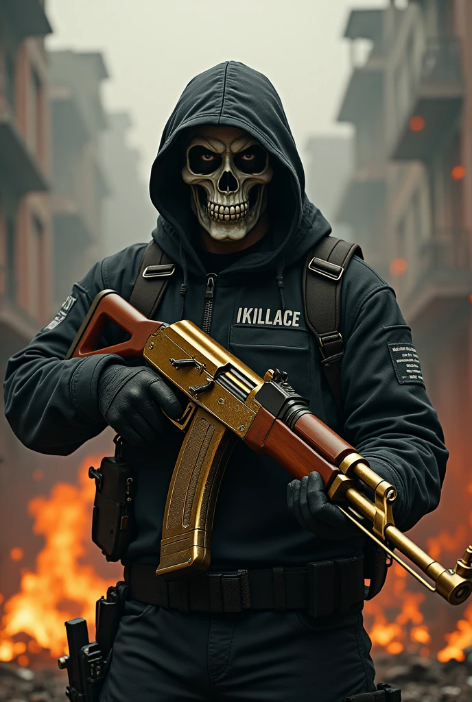 a highly detailed character portrait of Ghost from Call of Duty, wearing his iconic skull mask, carrying a gold AK117 assault rifle, with the text "iKillAce" written in the background surrounded by bullet holes, set against a burning and destroyed city landscape, cinematic lighting, dramatic camera angle, photorealistic, 8k, hyperdetailed, intricate details, dramatic lighting, cinematic composition, epic scale, for YouTube thumbnail