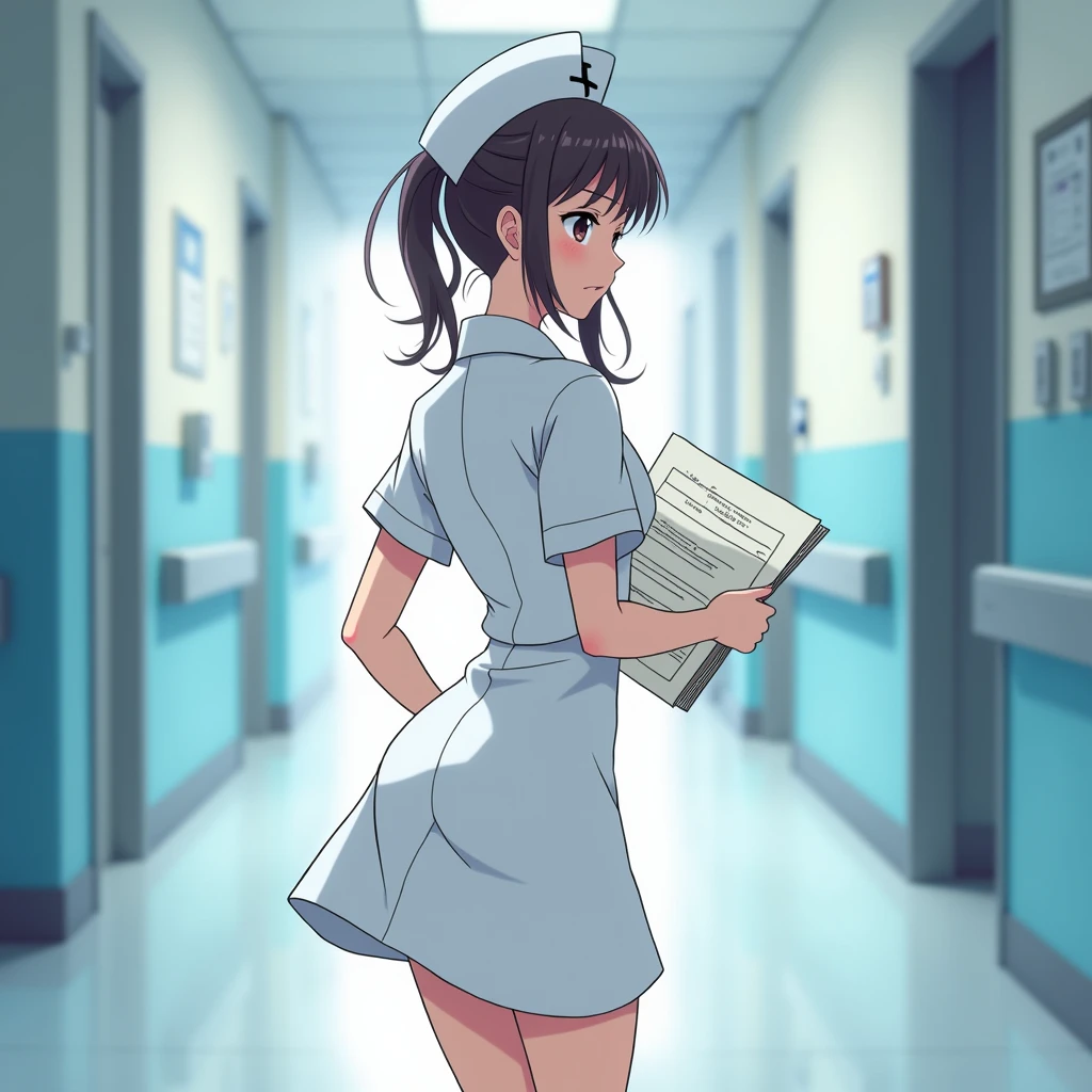 anime nurse from behind, form fitting nurse dress, looking to the front, carrying documents, wide pronounced hips, shaking hips, walking, inside hospital.