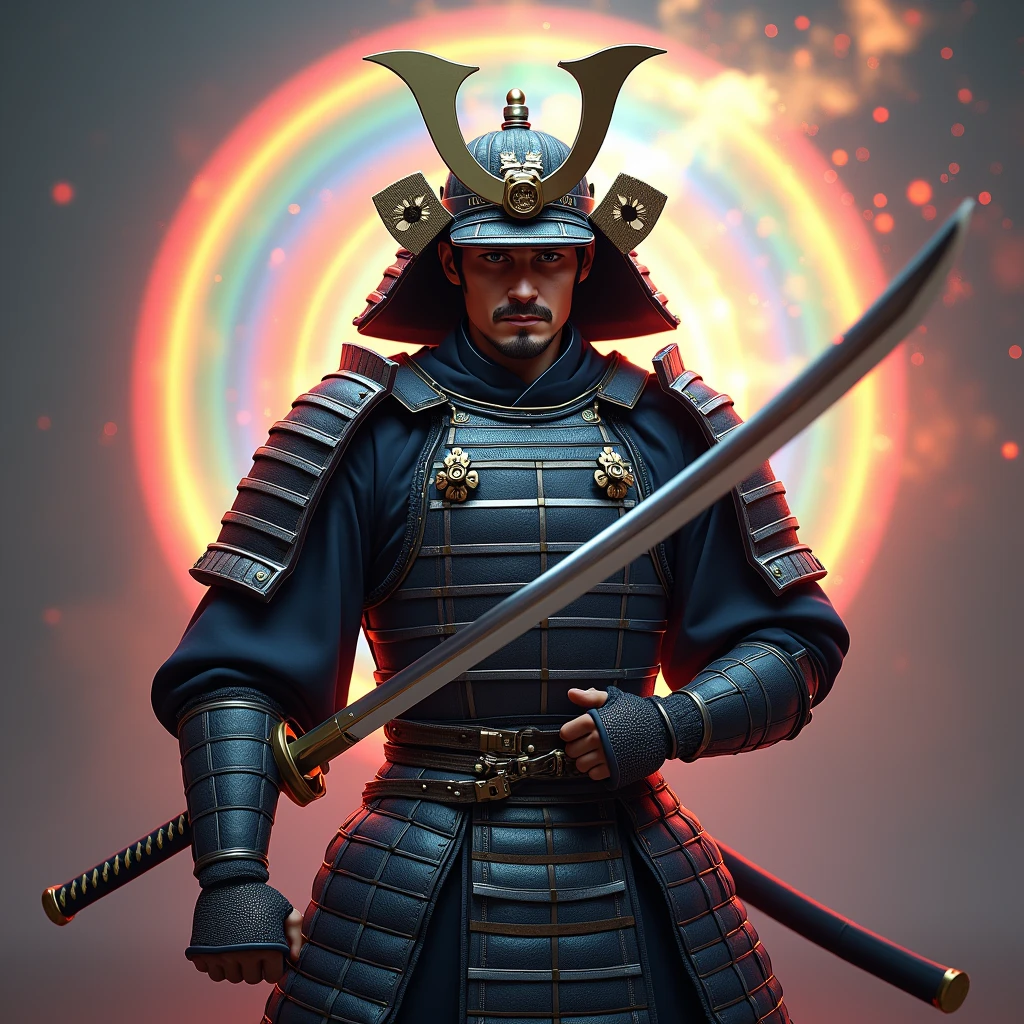 Pour créer l'image réaliste comme une photographie, imaginez un guerrier homosexuel, vêtu d'une armure de samouraï brillante, qui capte la lumière d'une manière captivante. Il tien un katana japonai. Autour de lui, des arc-en-ciel tourbillonnent qui accentuent sa présence unique et farouche. L'arrière-plan contient son nom " Grey is Gay ", ajoutant une touche mystérieuse à l'ensemble de l'image. Cette composition évoque à la fois la force et la singularité de ce personnage fascinant.