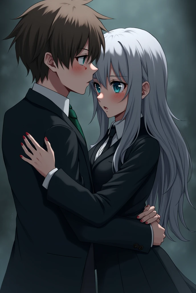 A 1 anime girl with gray hair and blue eyes wearing a black suit and wounds covering her body crying and hugging a 2 young man with brown hair and green eyes with sharp and serious features in a formal suit 