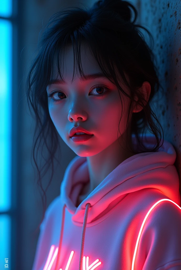 Realistic girl with angelic face wearing a black neon hoddie with name (LUX) and black With background (neon dark theme)