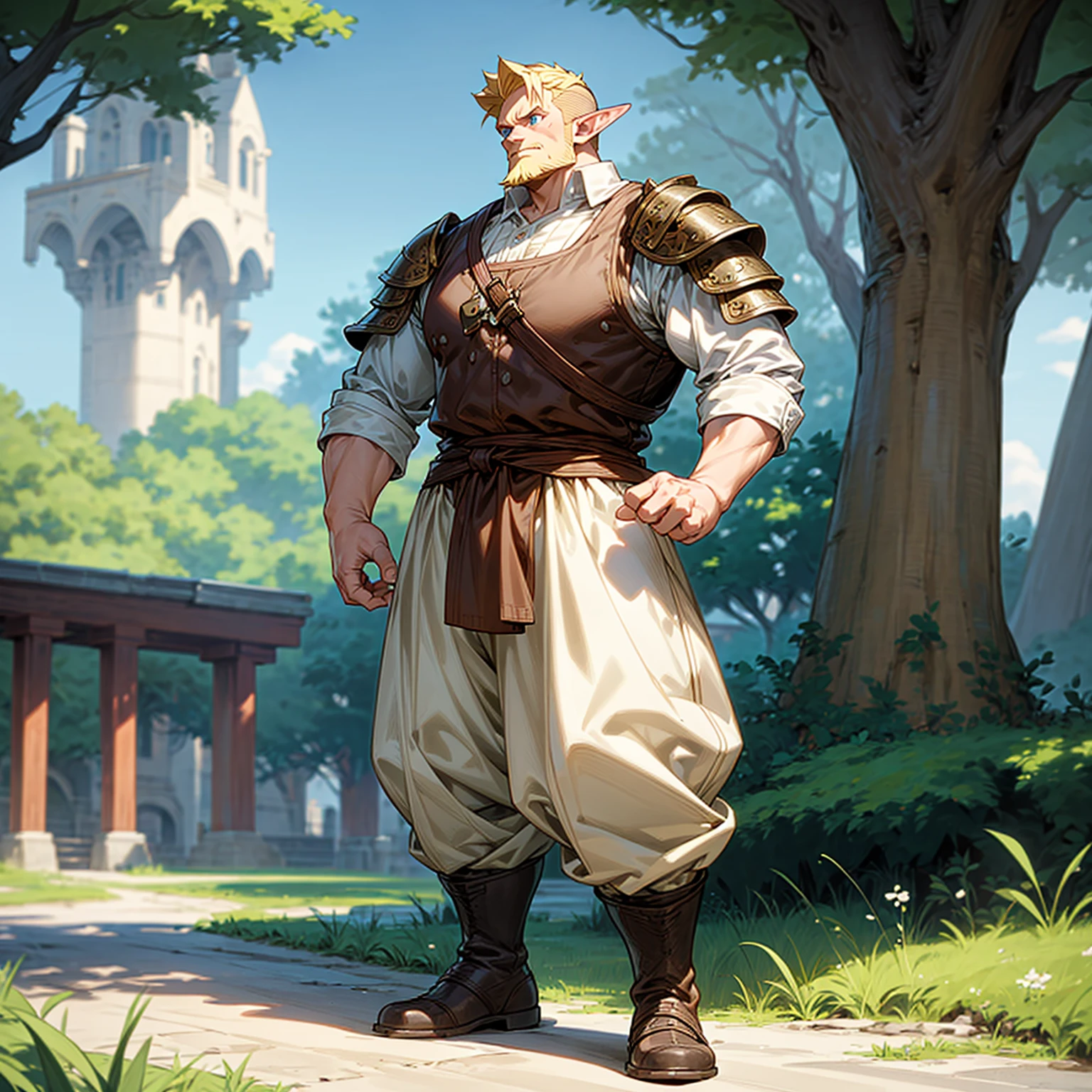 Solo character, full body version, middle aged man, big man, big muscle, (elf), blue eyes, blonde color hair, undercut hair, casual clothing, white color clothing, brown pants, boots, outdoor, park, village, medieval, standing gesture, detailed background, detailed clothing, detailed hair, (one piece style art), armored, chin beard 