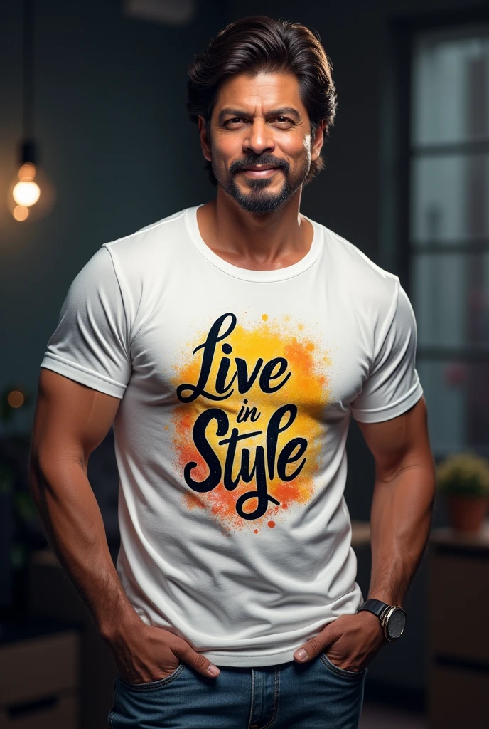 Srk wereing t-shirts brand called live in style