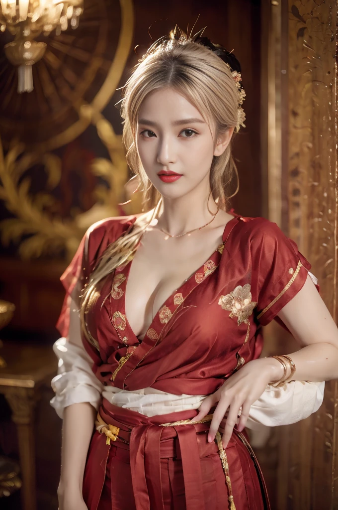 raw image, In an ancient Chinese house, realistic, best shadow, realistically, dark light, Full show, Full body view of the girl, high resolutionเป็นพิเศษ, photo-realistic, Masterpiece, Page Details, body details, finger details, Clothing details, Highest quality, ((high resolution)), 1 woman, ((beautiful girl)), alone, decorate, bangle, ((blonde hair)), ((Slender face)), ((ponytail)), ((conjunctivitis)), decorateที่ผมสีเงิน, Dark brown eyeliner, lip makeup, red lips, ((Hanfu)), ((very big breasts)), red shirt, black shirt, Gold trim, Golden dragon pattern set, Gold Earrings, Hair clips, Show your nipples, seductive pose, spread your legs,