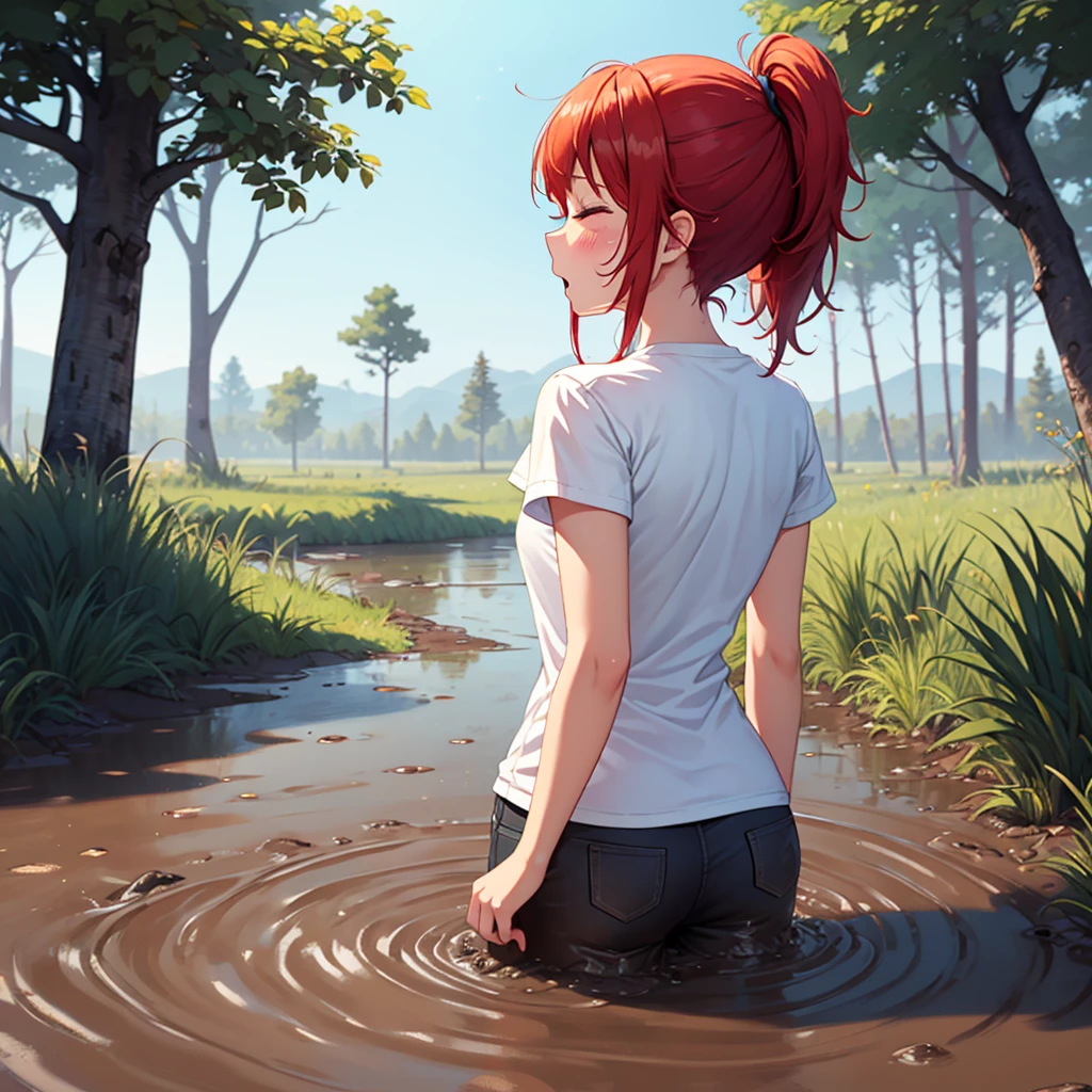 1girl, solo:2.0, masterpiece, beautiful detailed girl, blush, drowning in mud, bog, grass, trees, muck, orgasm, headback, Solo, From Side, wearing tshirt, red hair in ponytail, quicksand:1.4, stuck, struggling, (headback:1.5), eyes closed, mouth open,