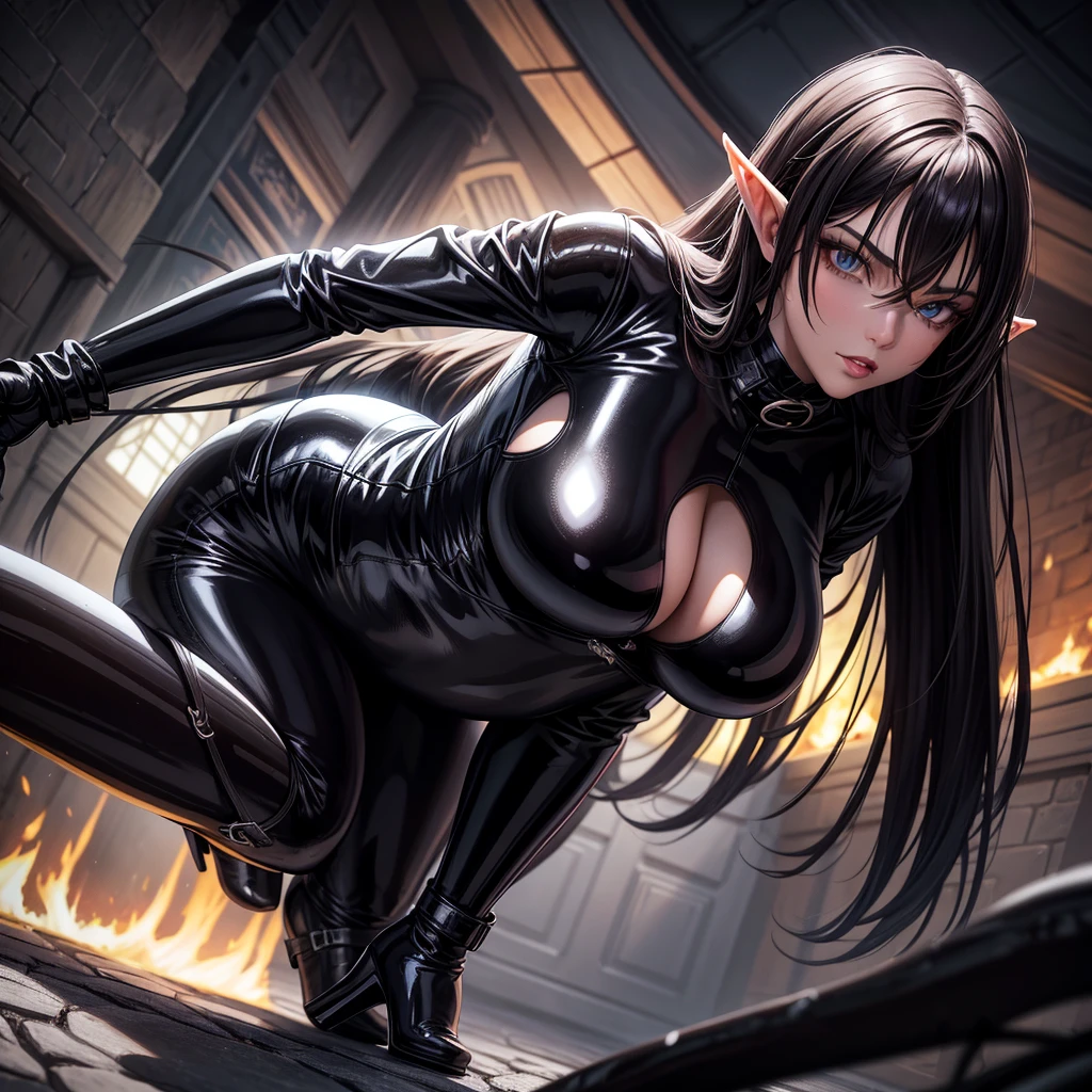 long dark hair / big tits / brown eyes /  solo, super fine photo, portrait Unreal Engine 5 8K UHD of malicious gothic beautiful girl, sexy, elf, crouching in a skin tight black latex outfit, sensual pose, slick black catsuit, black iconic character, smooth black skin, black body, PVC, some black, glossy latex suit, rubber suit, collar, rubber glove, rubber high boots, arm and leg cuffs, straps, best quality, masterpiece, official art, unified 8k wallpaper, super detailed, sharp focus, dynamic pose, body parts, no extra limbs, precisely anatomy