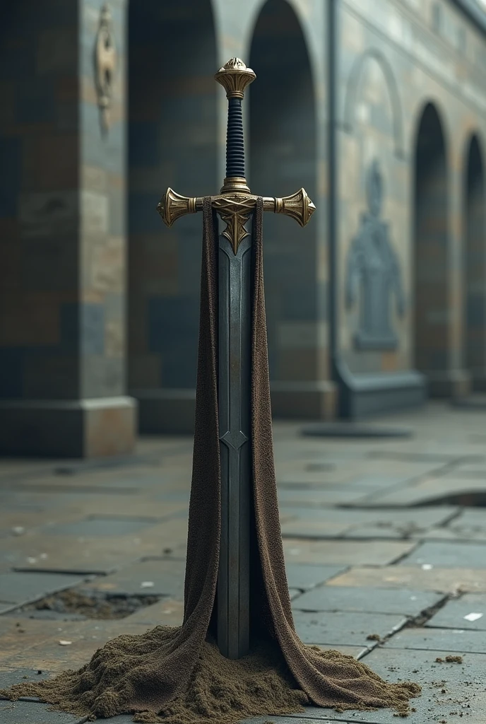 Sword stuck in the ground with a shroud on the handle, modern medieval style