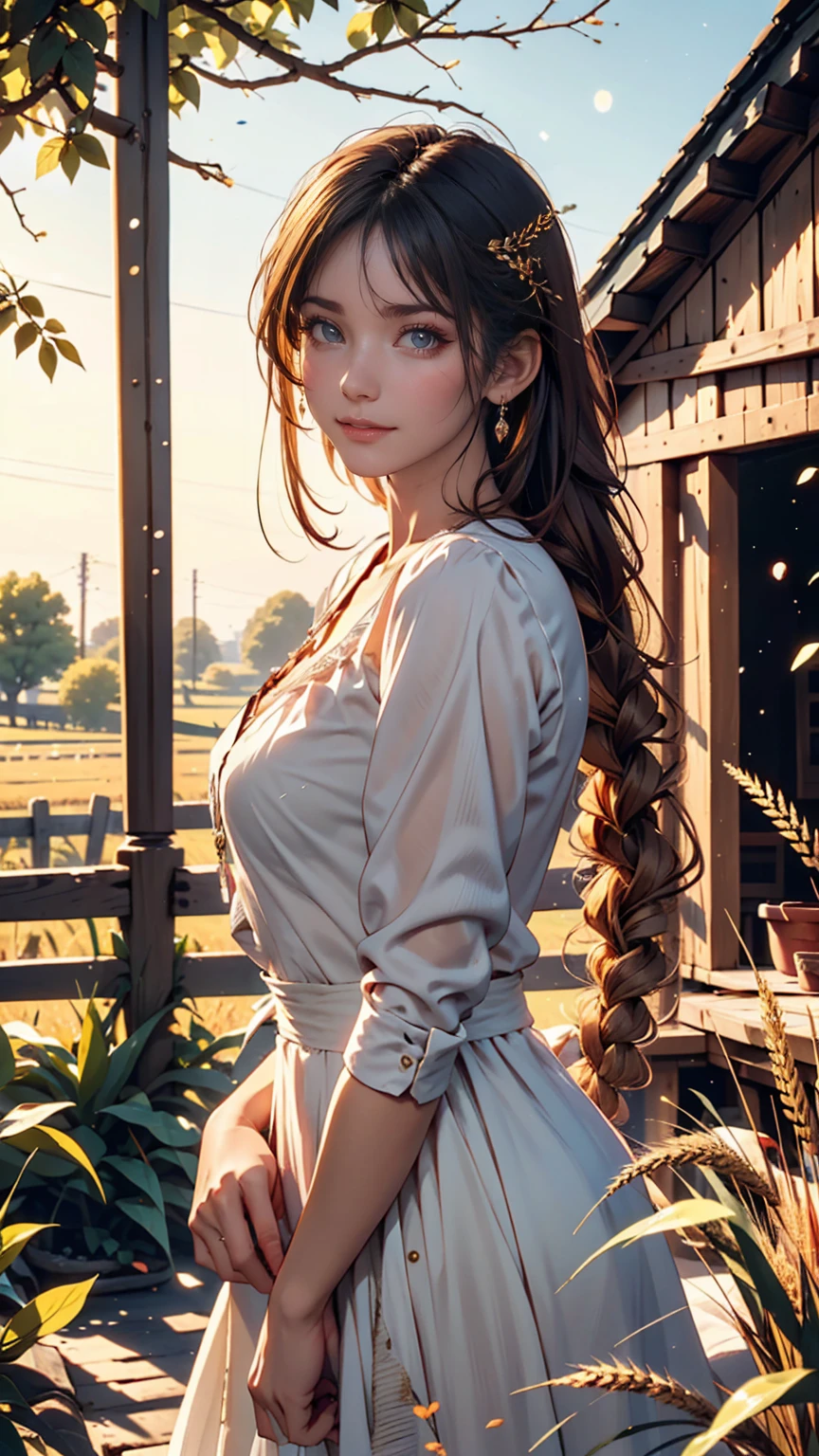 One person, 20-year-old, Tall and attractive, Wearing a cute country dress, Braided hair, Standing on a rural farm. She's gentle, A kind smile and expressive eyes. A charming barn can be seen in the background., Golden wheat fields and clear blue skies. The composition should be bathed in warm golden hour light., The soft depth of field and soft bokeh accentuate the idyllic tranquility.. Capture images that look like they were shot on vintage 35mm film for added impact, movie,