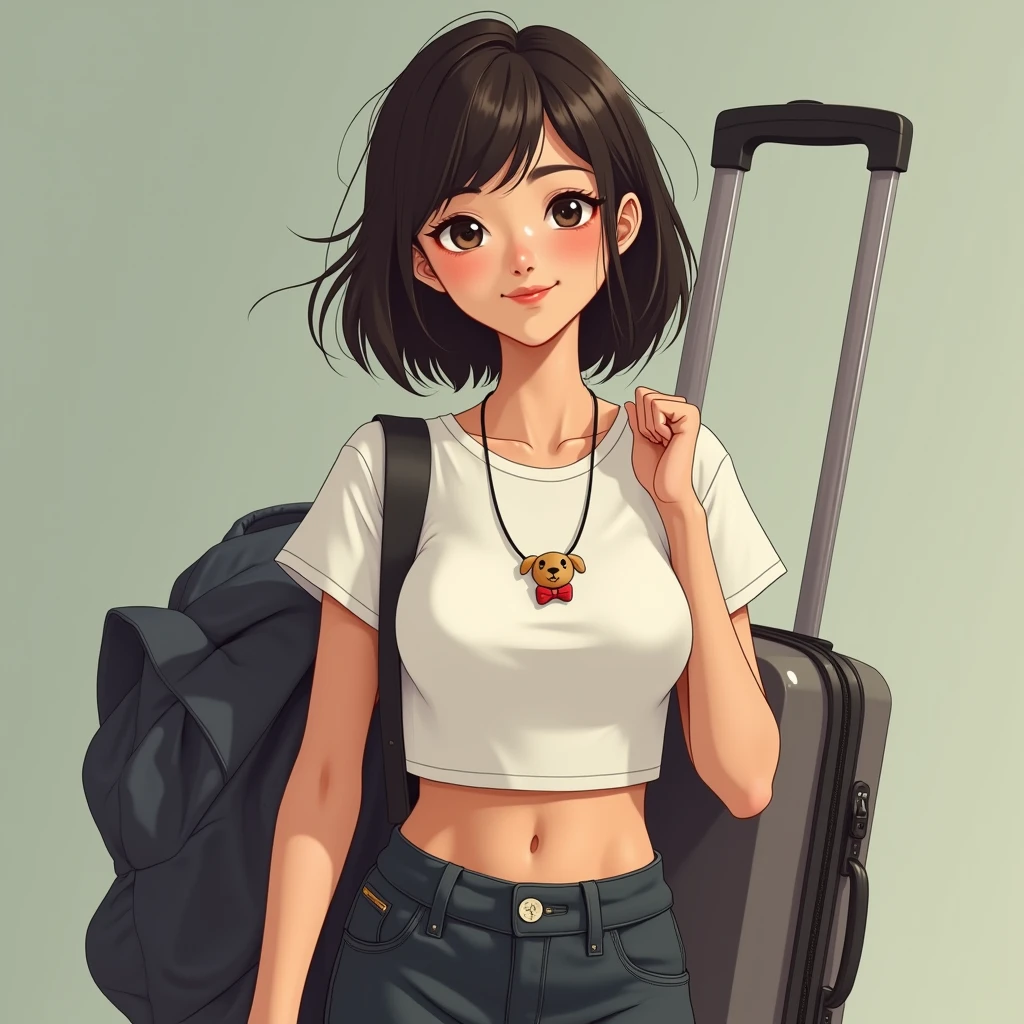 Dressed up in a cool outfit,The upper body is wearing a close-fitting white short-sleeved shirt,The collar is adorned with a slightly childish piece of plastic puppy trim,The lower body is dark shorts+casual shoes,She looks like a female college student who secretly skipped classes to go shopping.。This oriental girl has short hair.,I probably like sports,The skin has a slight wheat color,Healthy and sunny,Her appearance is beautiful and lovely,The most noticeable thing is the pair of smart big eyes,More lively than any pair of eyes Hao Ren had ever seen,
Behind her,It is a large suitcase that looks quite heavy.。