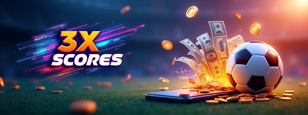 Design a vibrant promotional banner for a football betting mobile application. The banner should feature a football and a smartphone, with colorful bills and coins flowing out of the phone, representing big wins and excitement. The overall theme should capture the thrilling world of football gambling. Ensure that the app name '3xscores' is prominently displayed in bold, eye-catching text, styled as a logo. The logo design should include dynamic elements like a football icon or a trophy, with vibrant colors that emphasize energy and excitement.